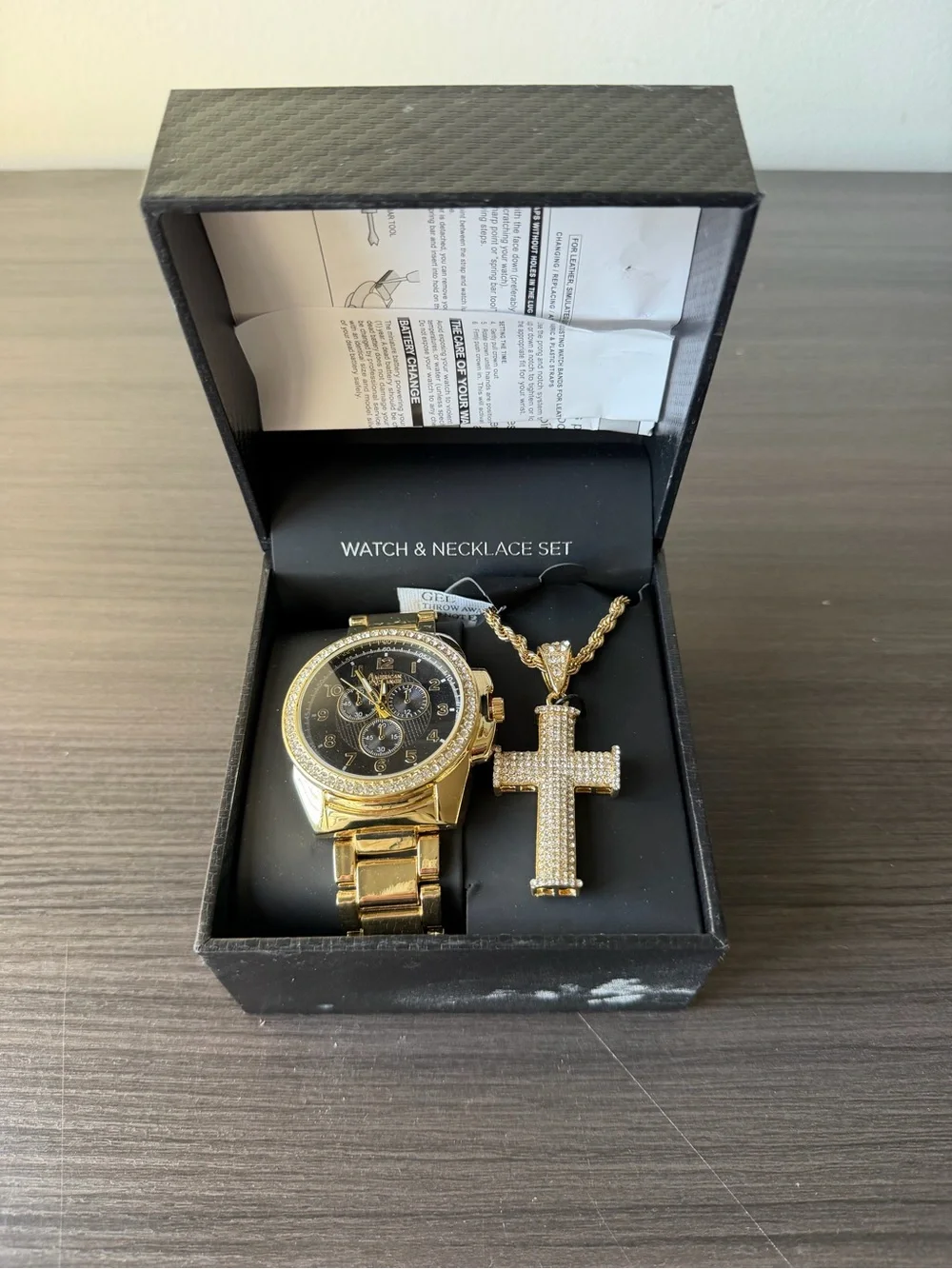 ⁠American Exchange Men Gold Tone Watch Necklace Set Iced Out Crystal Cross Box